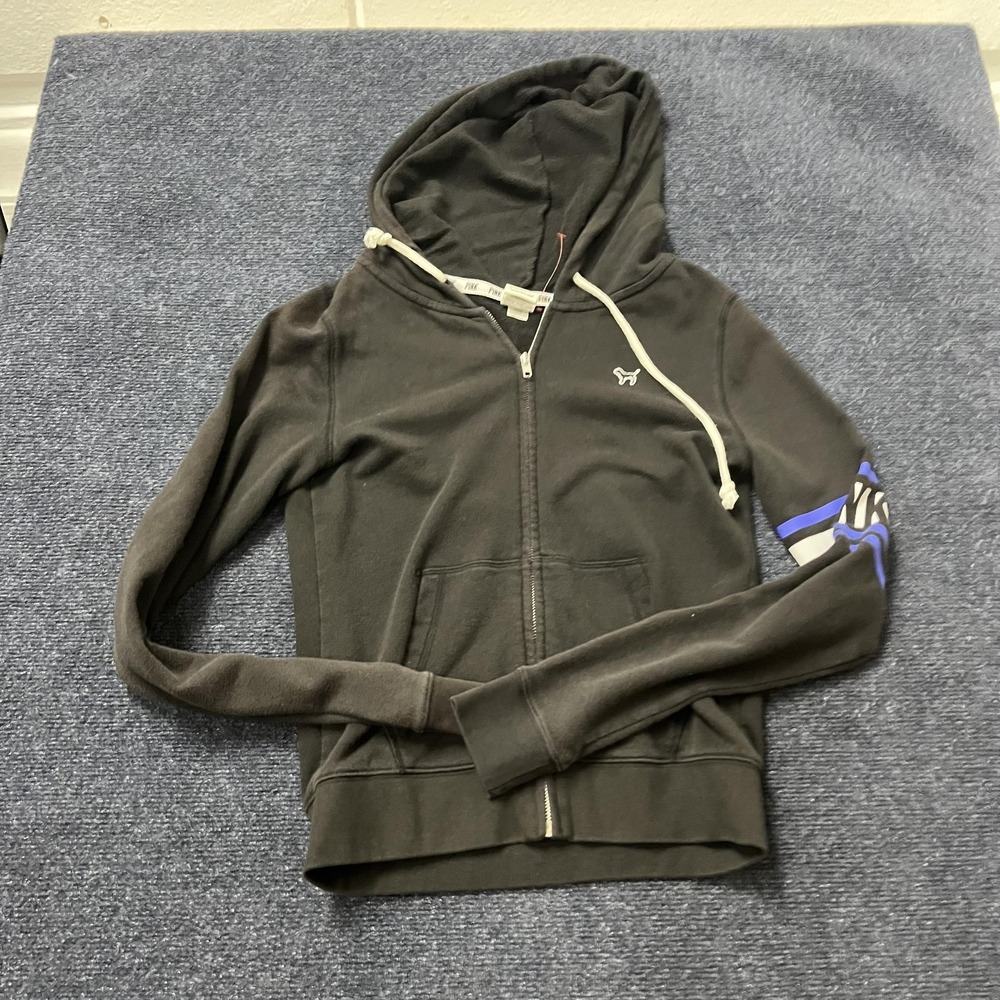 PINK Victoria's Secret Hoodie Womens Small‎ Black Full Zip Dog Logo Sleeve